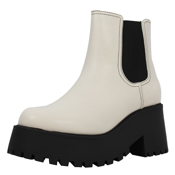 White Chelsea Pull On Chunky Platform Block Heel Ankle Bootie - Picture 2 of 4